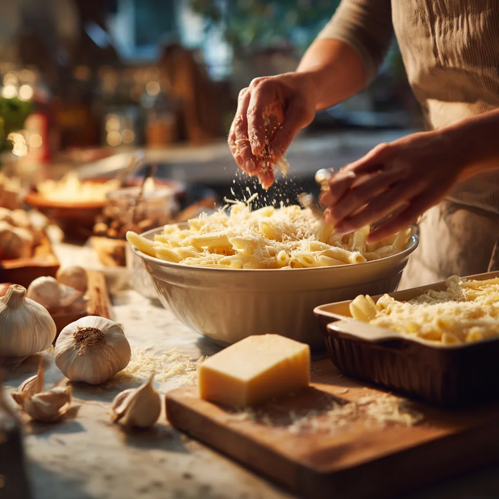 Préparation gratin de pâtes cuisine maison mélange crème fromage