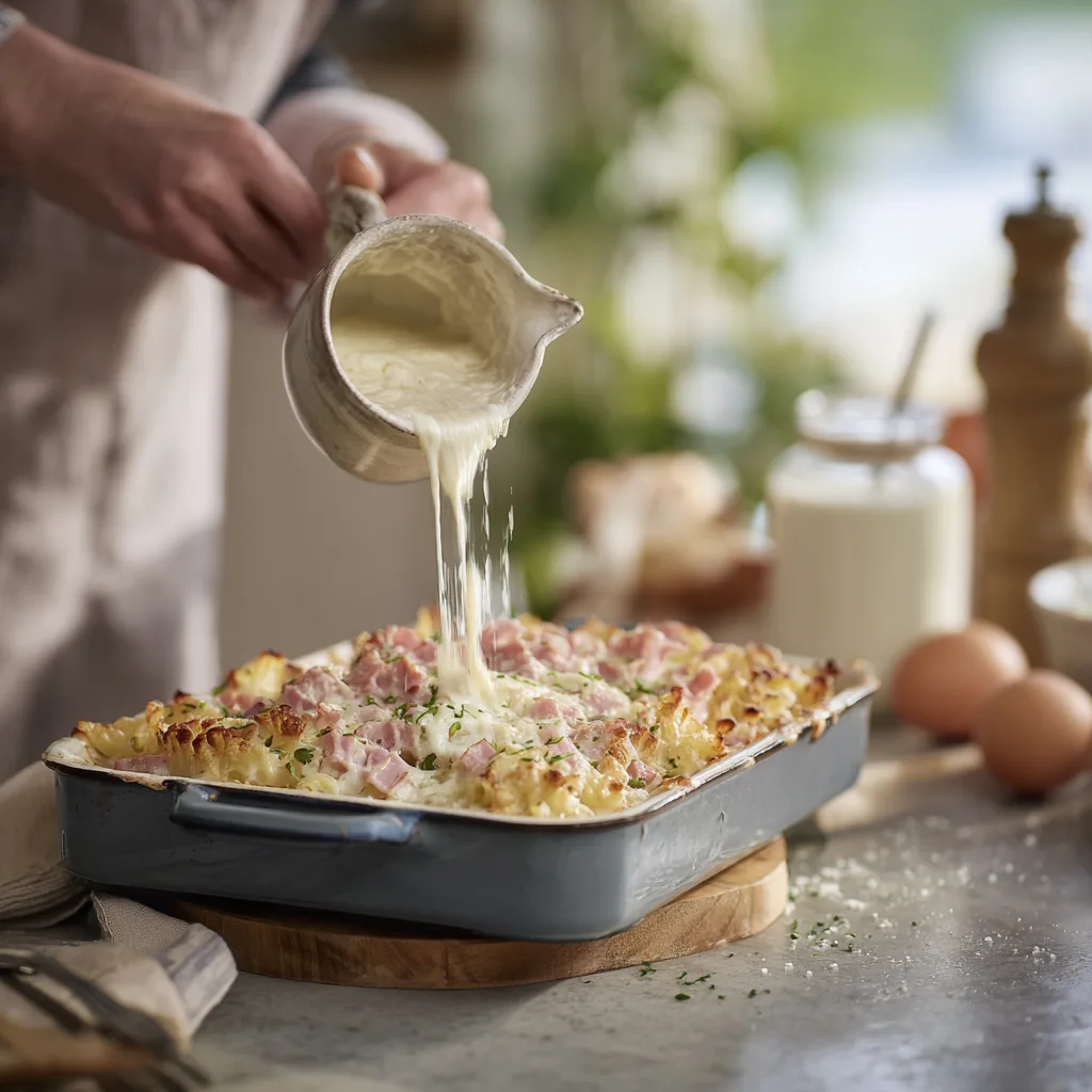 Préparation gratin de pâtes au jambon sauce béchamel cuisine