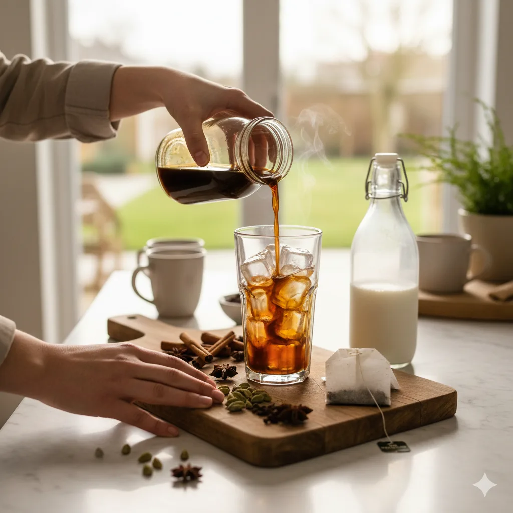 Préparation d'Iced Chai maison en versant le concentré de chai dans un verre avec glaçons et ingrédients