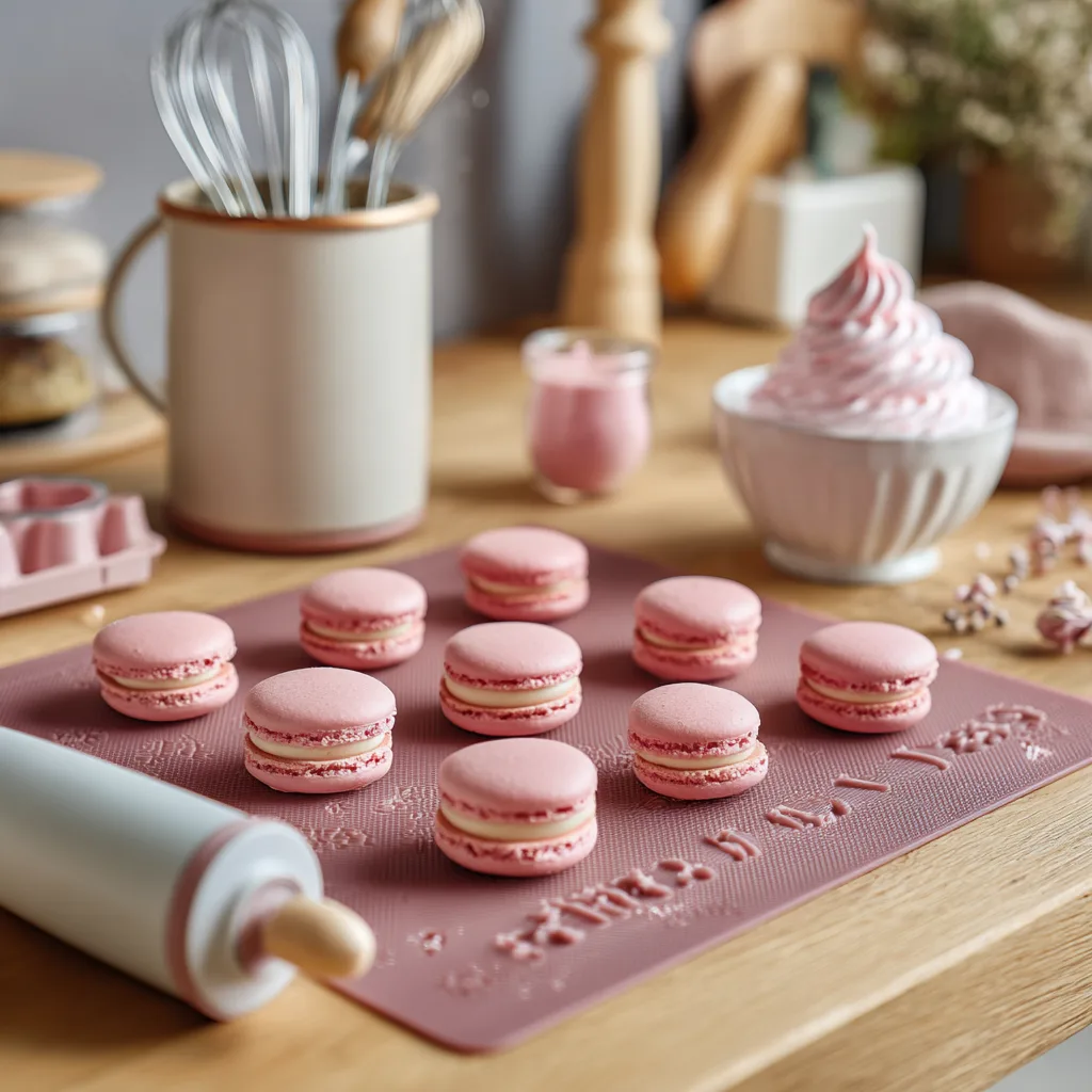Préparation maison des Macarons Saint-Valentin avec pochage de la pâte rose sur tapis silicone