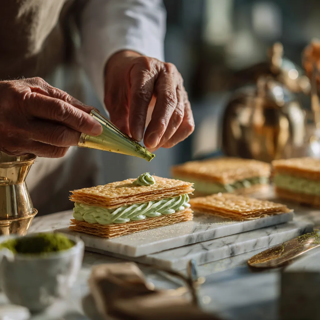  Préparation du mille-feuille pistache avec poche à douille dans une cuisine