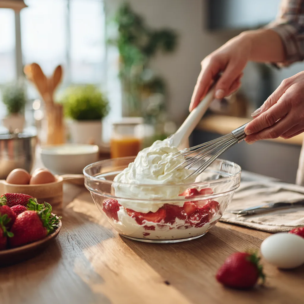 Préparation de la mousse aux fraises en incorporant délicatement la chantilly au mélange de fraises