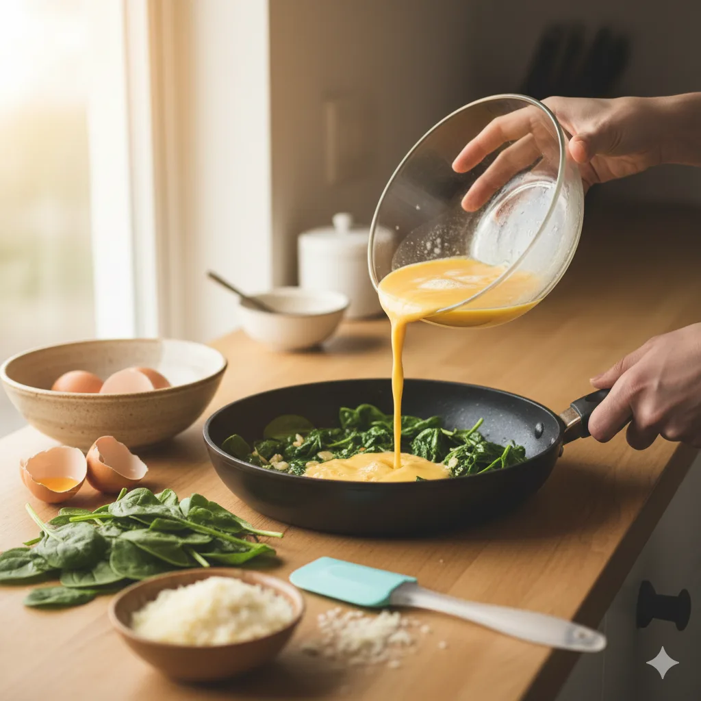 Préparation omelette aux épinards en cuisine versant œufs battus dans poêle