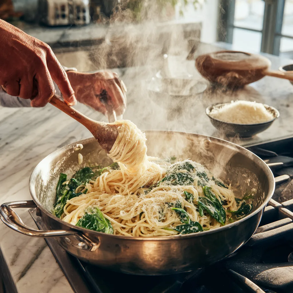 Préparation des pâtes crémeuses aux épinards et parmesan dans une poêle avec cuillère en bois
