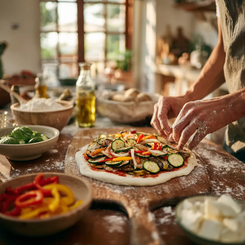 Préparation d'une pizza aux légumes grillés dans une cuisine avec disposition des légumes sur la pâte