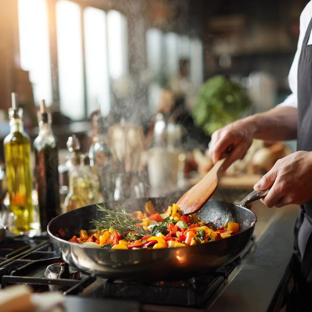 Préparation poêlée légumes méditerranéens cuisine action ustensiles cuisson