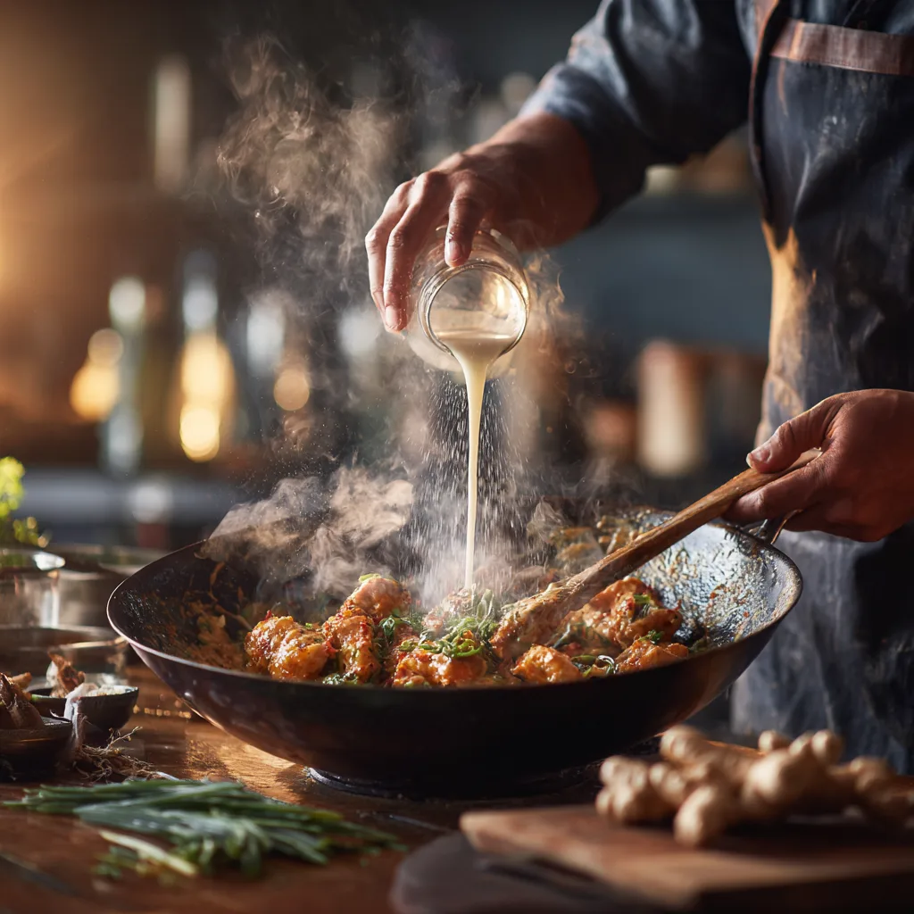 Préparation poulet coco dans wok cuisine