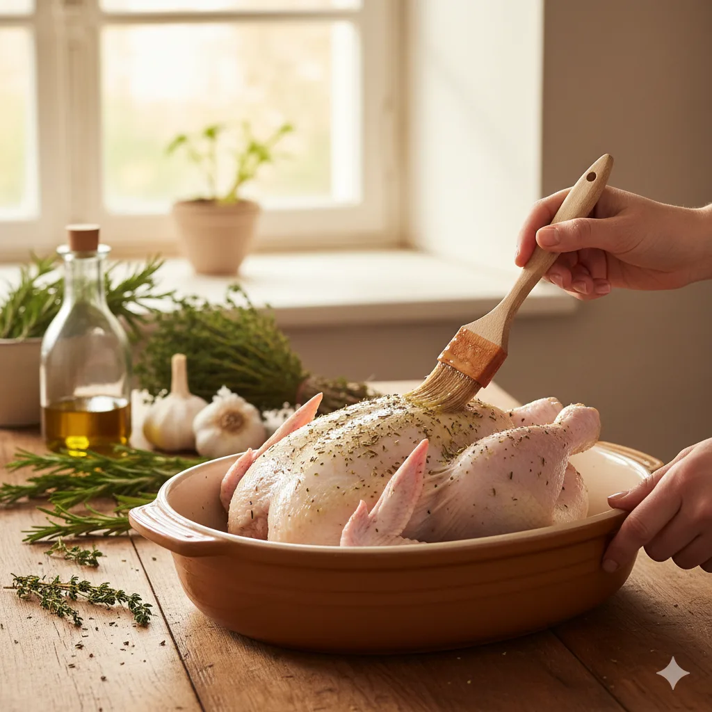 Préparation poulet rôti herbes de Provence badigeonnage beurre aux herbes cuisine