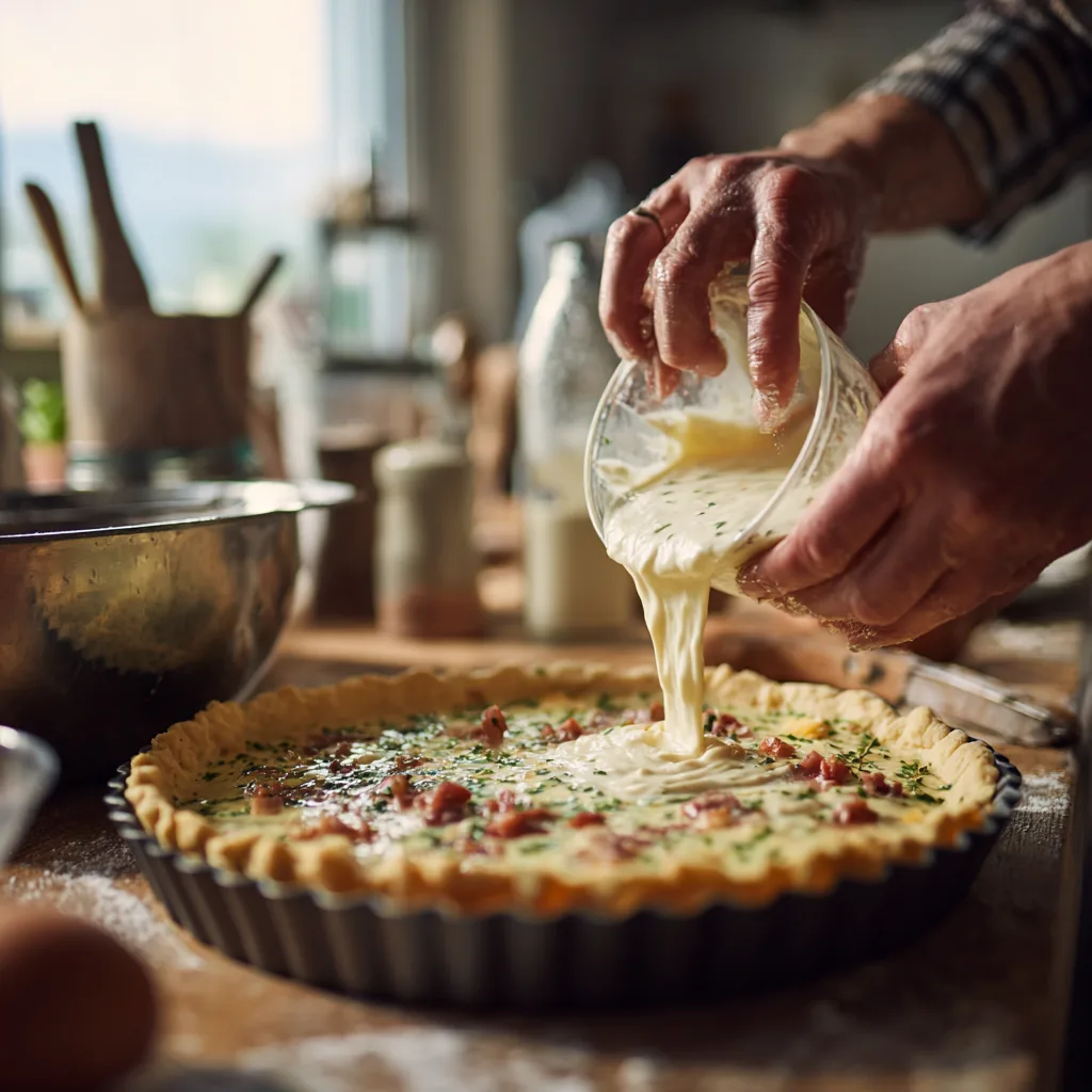 Préparation Quiche Lorraine versement appareil crème œufs sur lardons