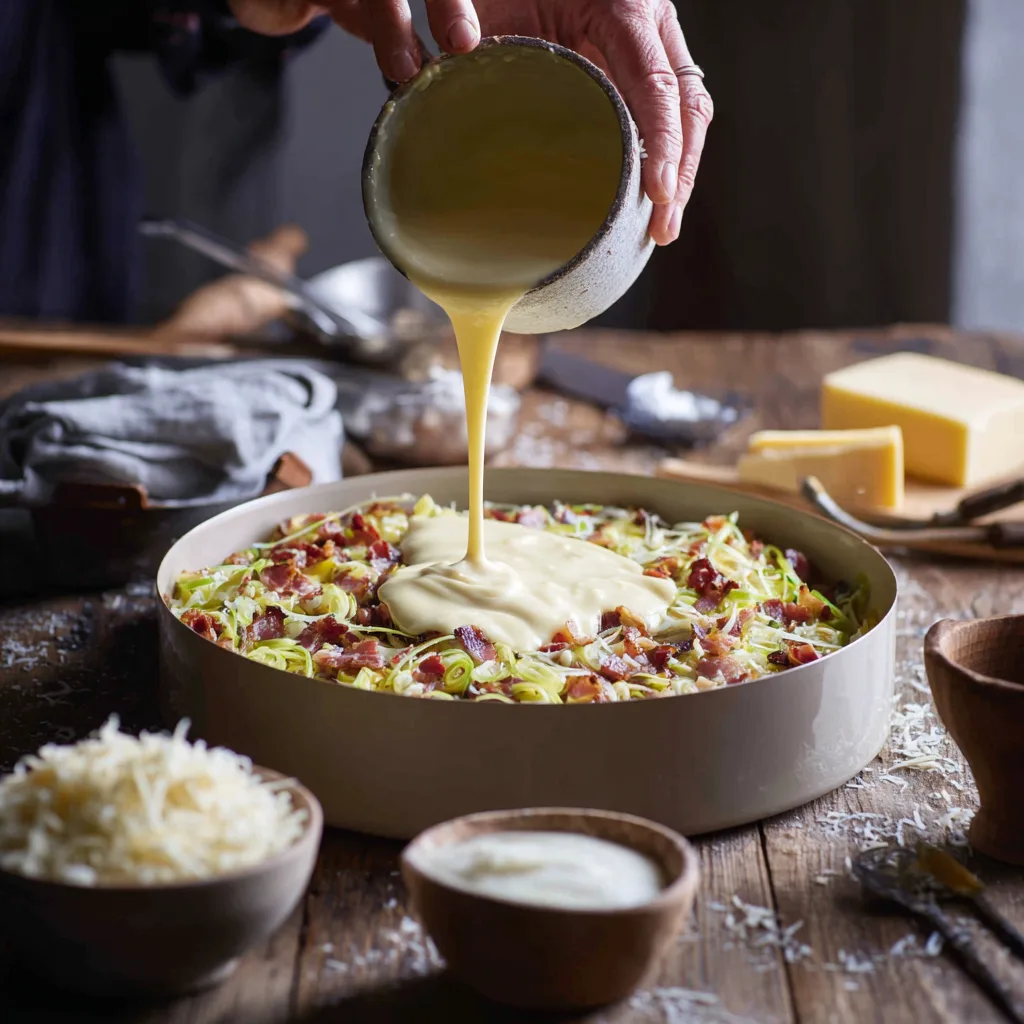 Préparation de la quiche sans pâte aux poireaux et bacon avec versement de l'appareil aux œufs