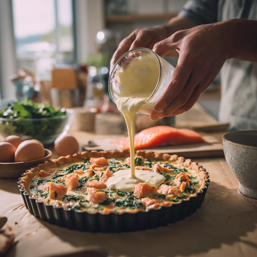 Préparation de la quiche saumon épinards dans une cuisine avec ingrédients frais