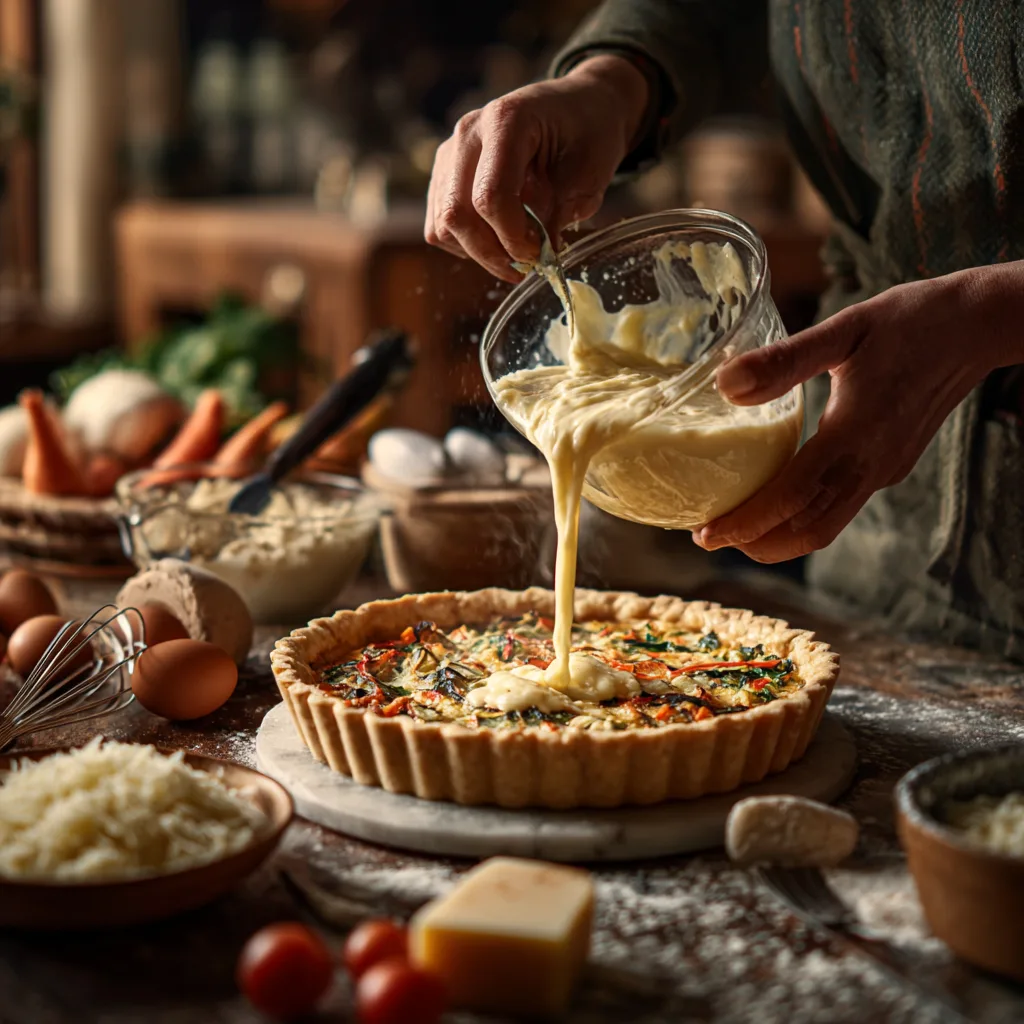 Préparation d'une quiche végétarienne facile dans une cuisine avec ingrédients frais