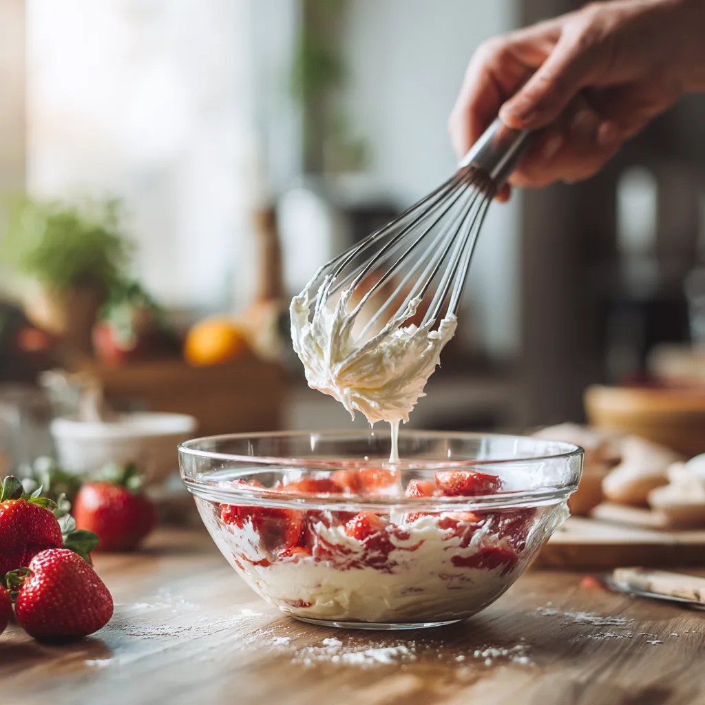 Préparation cheesecake aux fraises mélange fromage frais mascarpone cuisine maison