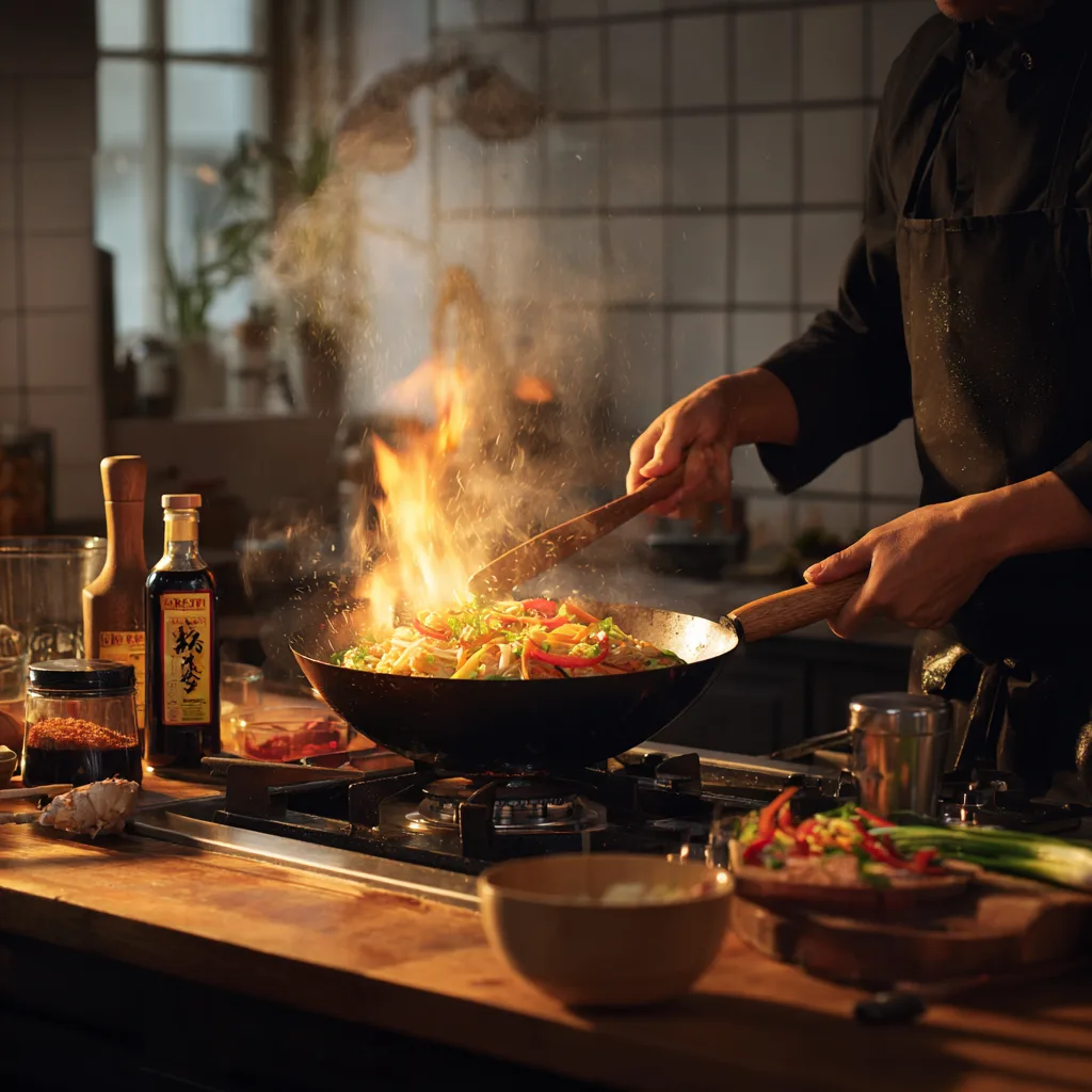 Chef préparant du riz sauté aux légumes dans un wok à feu vif avec ustensiles de cuisine