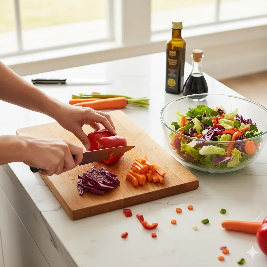 Préparation salade croquante de légumes cuisine découpe ingrédients frais