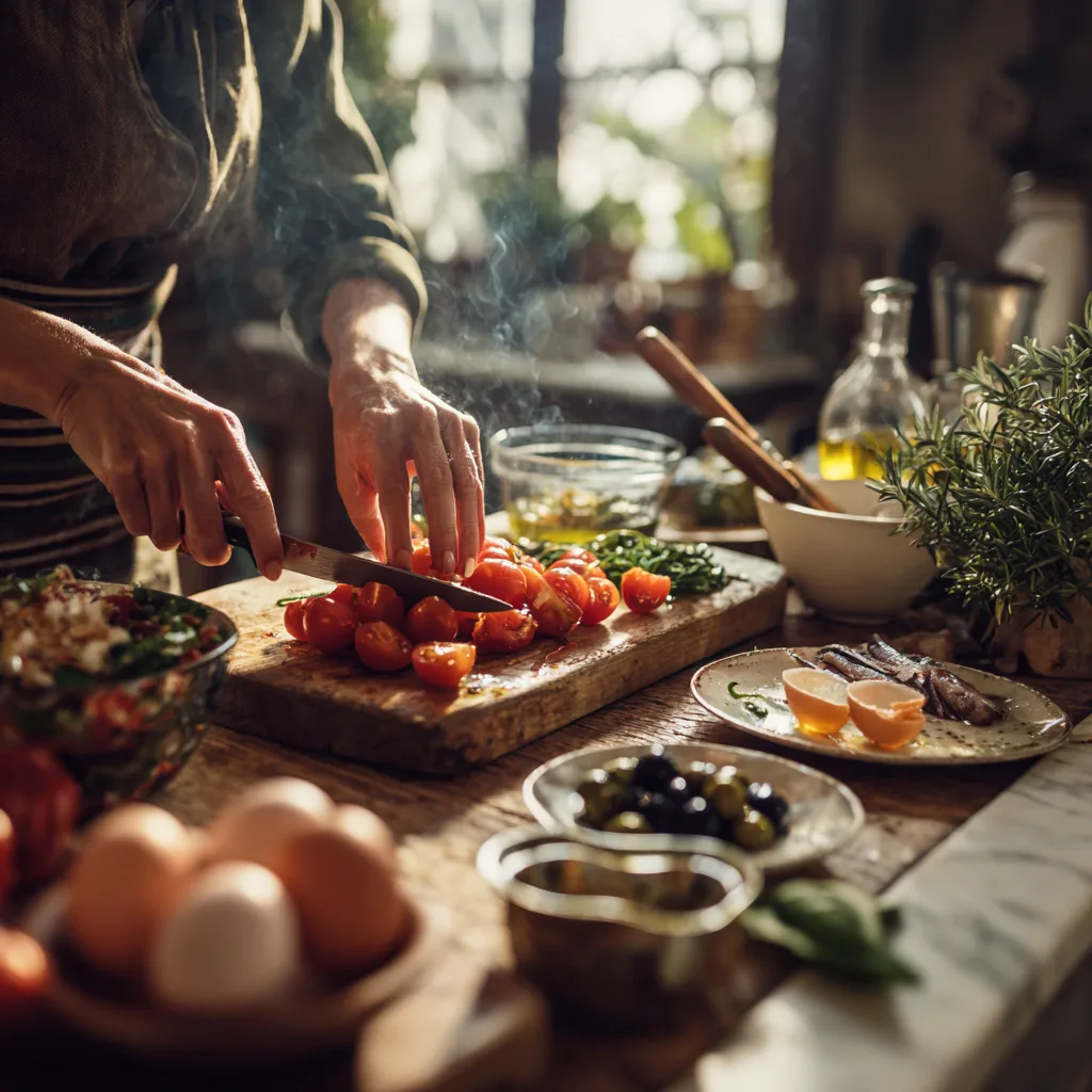Préparation Salade Niçoise en cuisine mains coupant tomates ingrédients frais