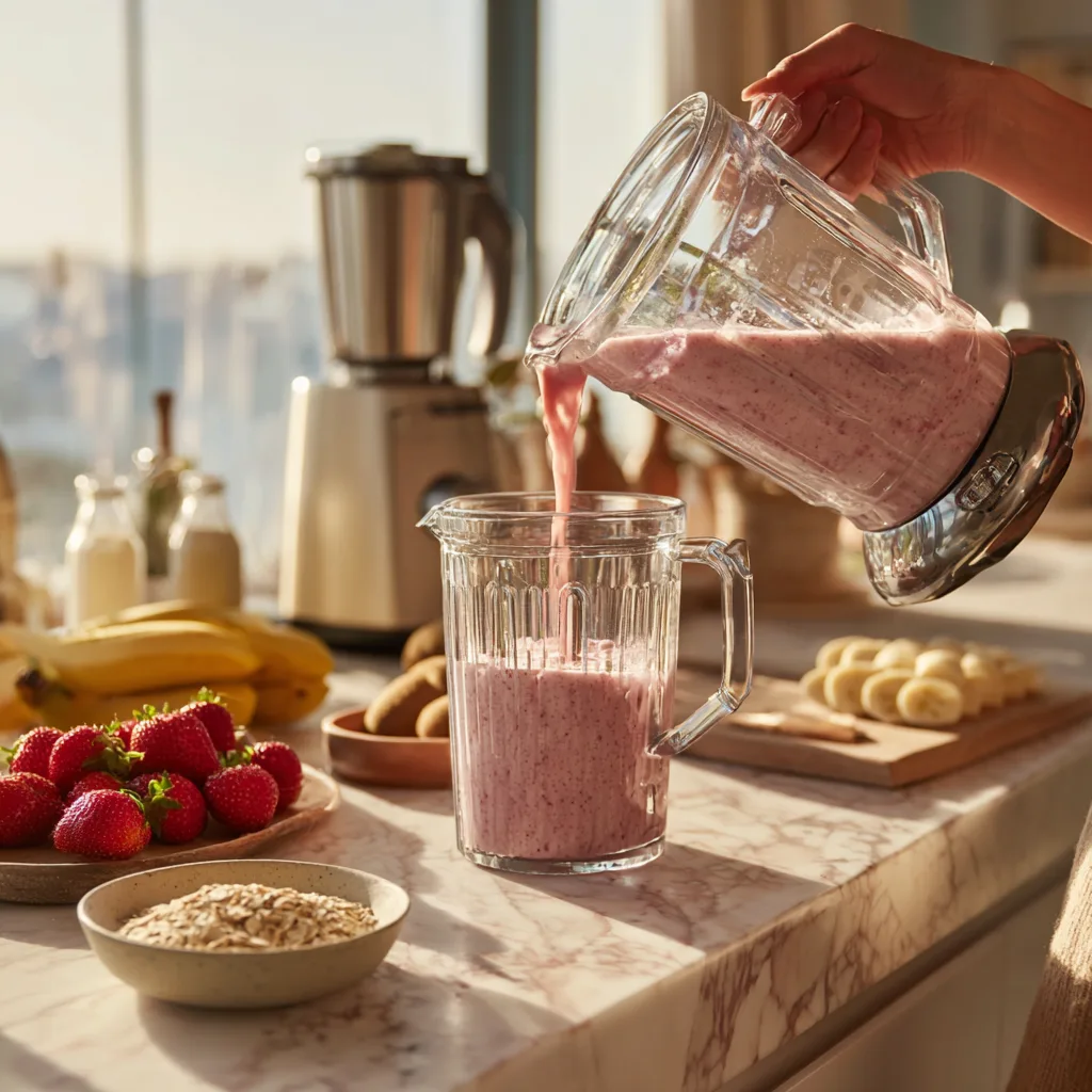 Préparation Smoothie Bowl Fraises & Kiwi dans une cuisine avec blender et ingrédients frais sur le plan de travail