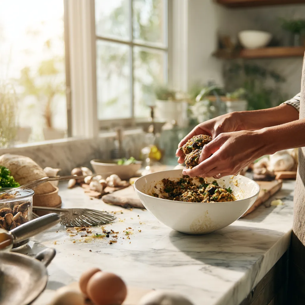 Préparation steak végétal aux champignons dans cuisine avec mains façonnant galettes