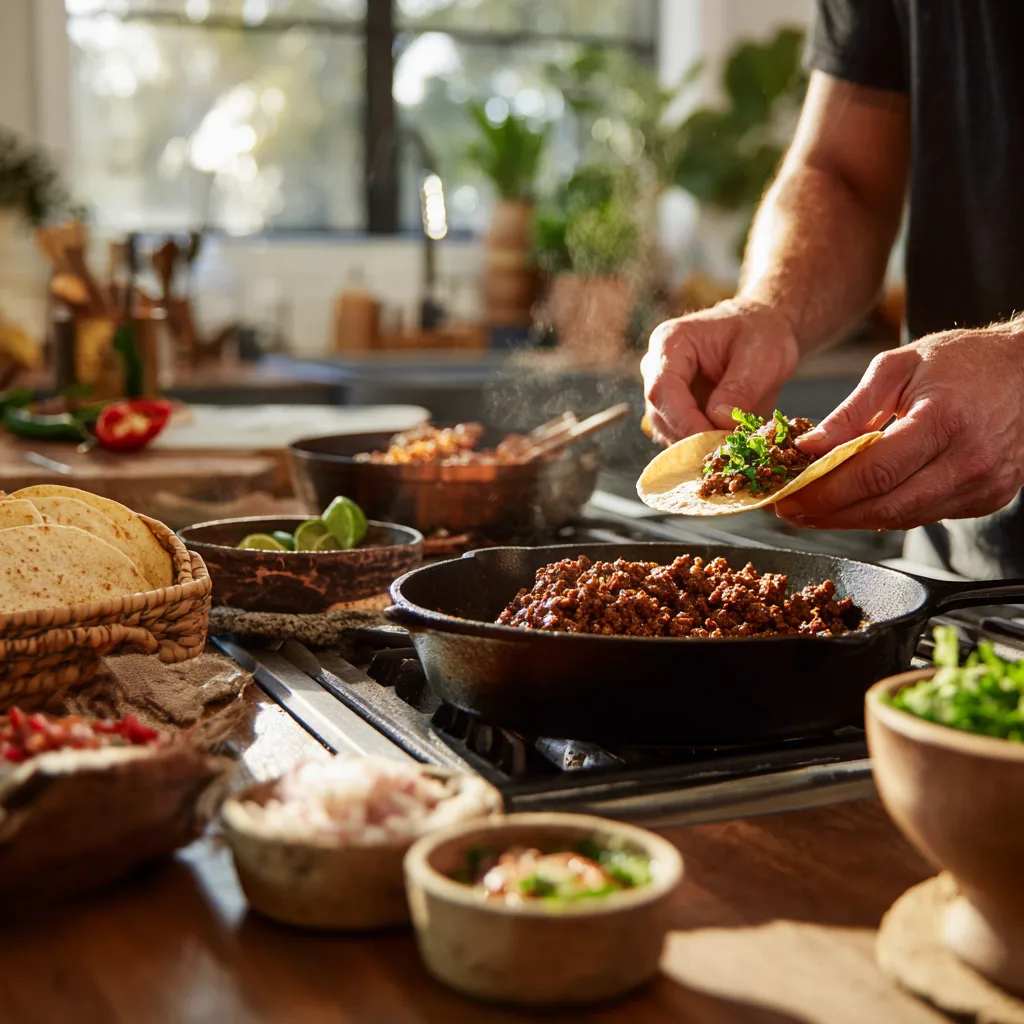 Préparation tacos mexicains au bœuf dans cuisine avec poêle et ingrédients frais