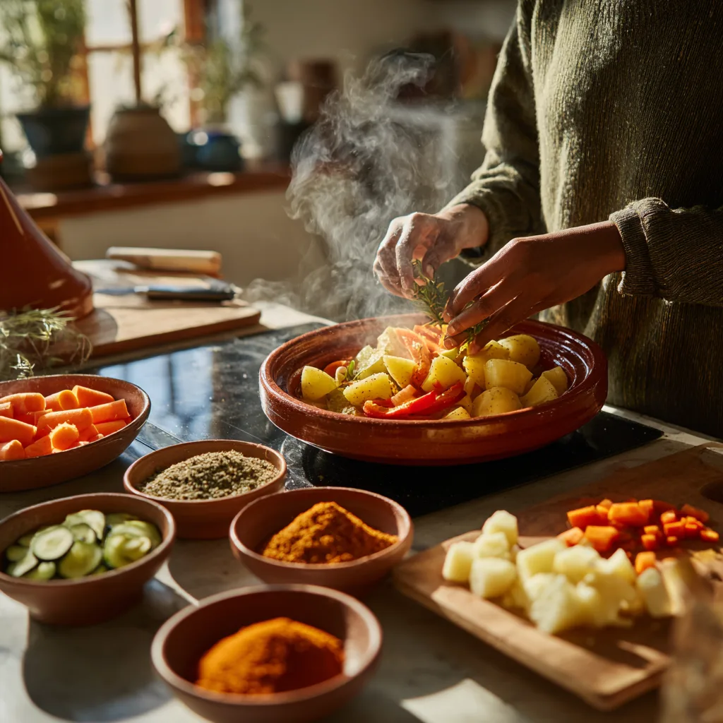 Préparation du tajine de légumes dans une cuisine avec légumes frais et épices marocaines