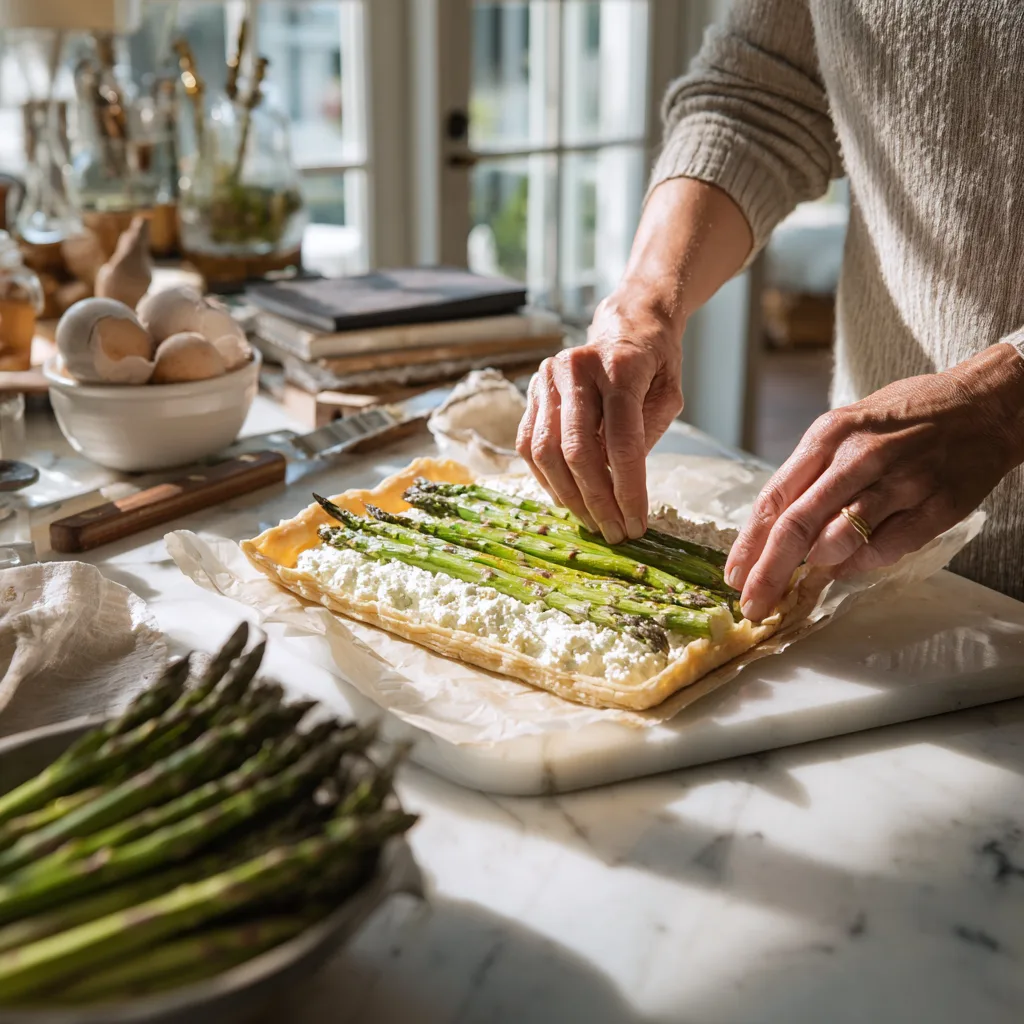 Préparation de la Tarte Fine aux Asperges et Chèvre dans une cuisine moderne
