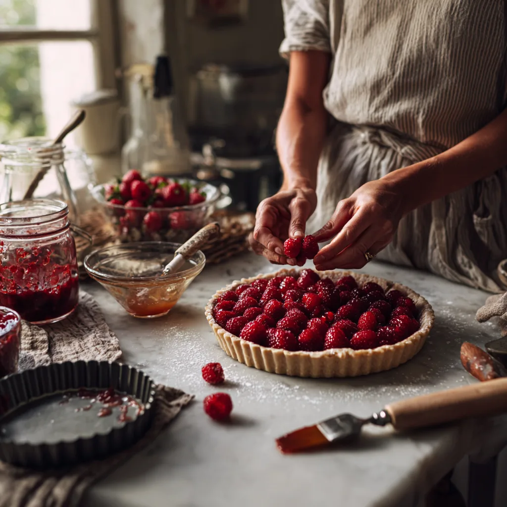 Préparation d'une tarte aux fruits rouges disposition des framboises sur la crème
