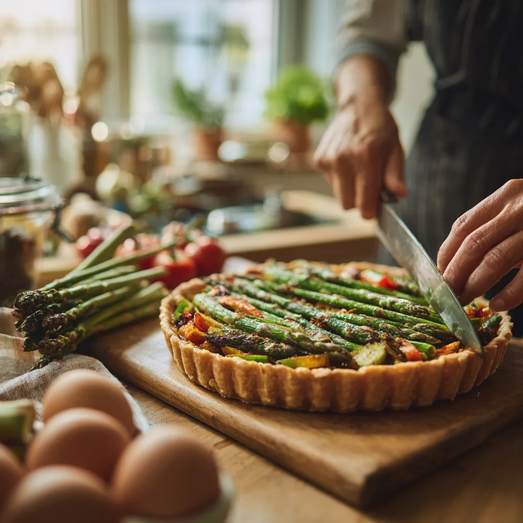 Préparation d'une tarte aux légumes de printemps dans une cuisine avec légumes frais et ustensiles