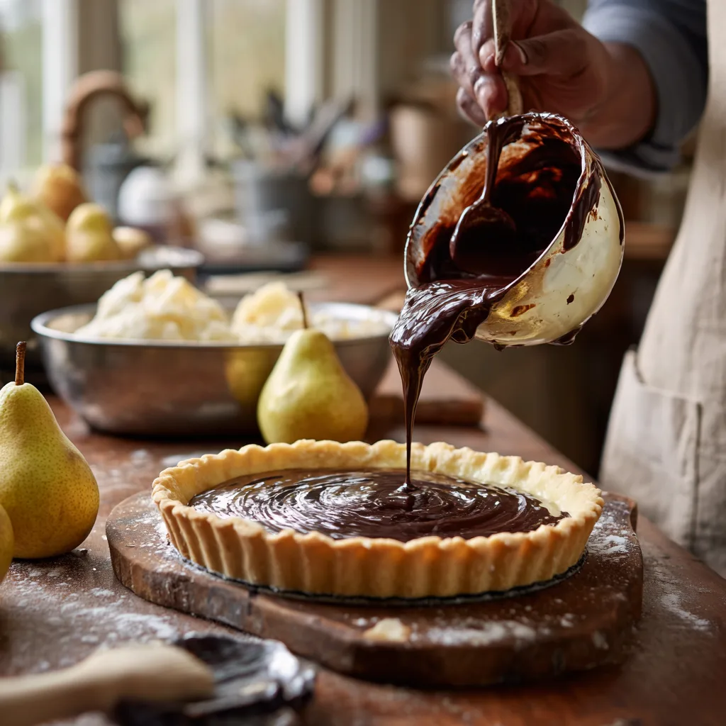 Préparation tarte poires chocolat en cuisine avec ganache versée sur fond de tarte précuit