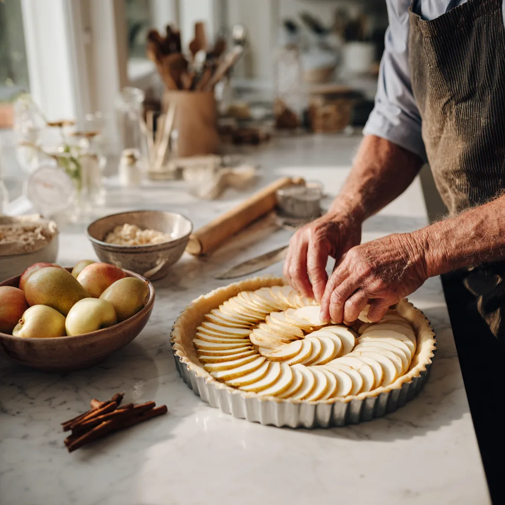 Préparation d'une tarte aux pommes à la cannelle avec disposition des lamelles de pommes sur la pâte