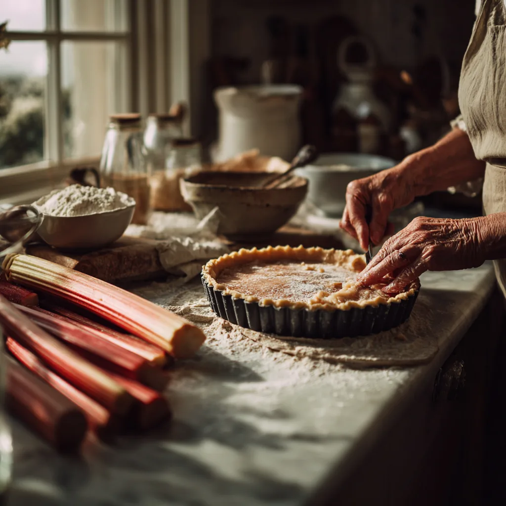 Préparation de la tarte à la rhubarbe et crème d'amande dans une cuisine avec ingrédients frais