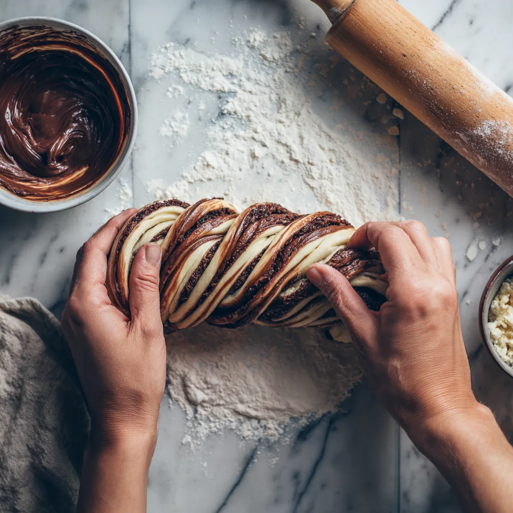 Façonnage de la babka au chocolat et pâte à tartiner avec tressage des bandes de pâte chocolatée