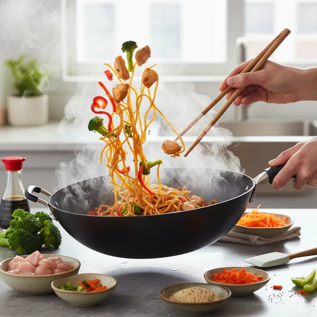 Cuisson du wok de nouilles au poulet en action avec légumes sautés