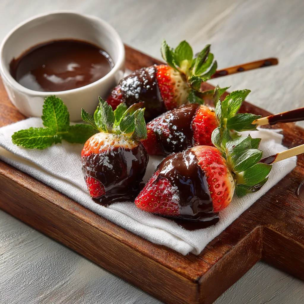 Brochettes fraises chocolat présentation élégante planche bois menthe