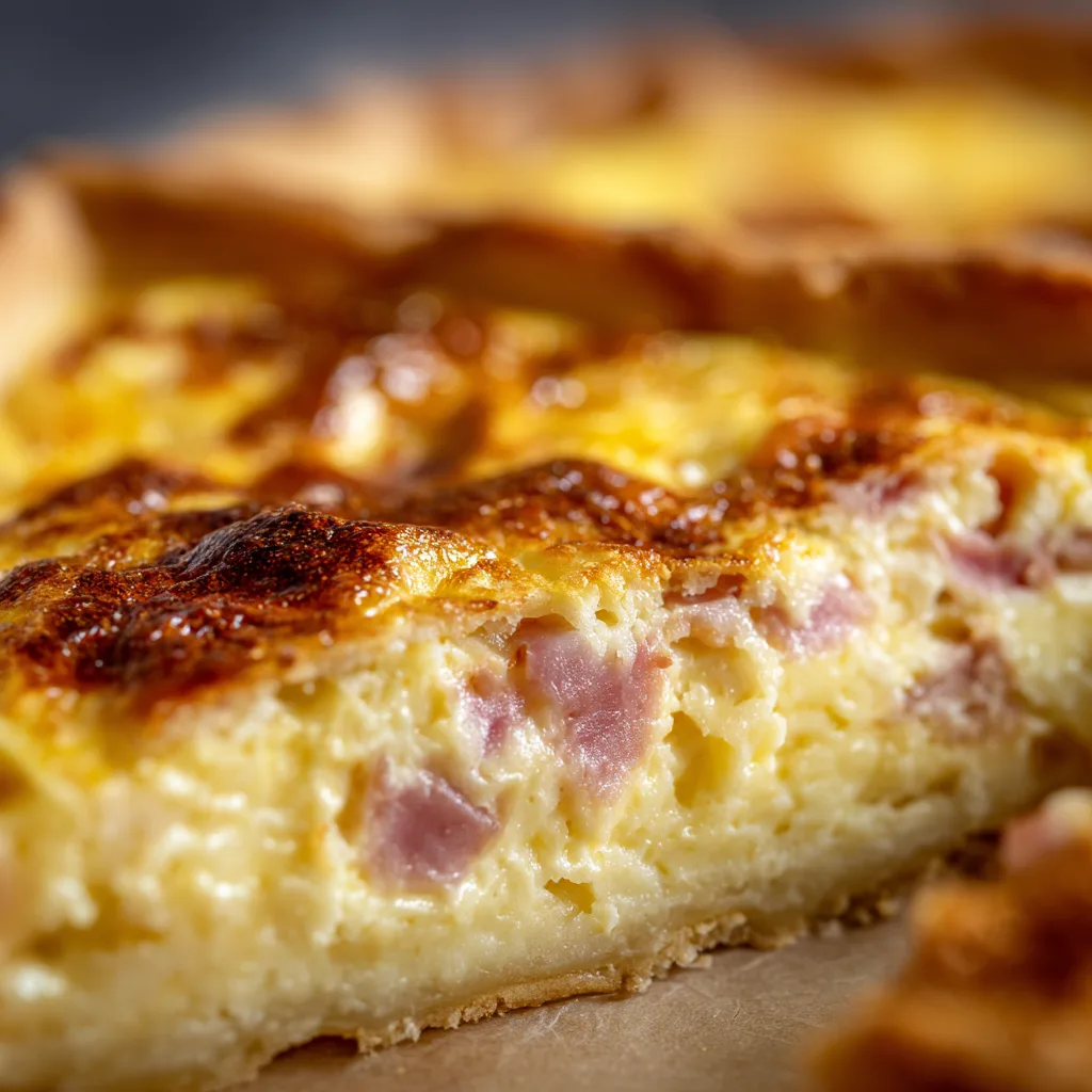Gros plan texture crémeuse Quiche Lorraine avec lardons fumés