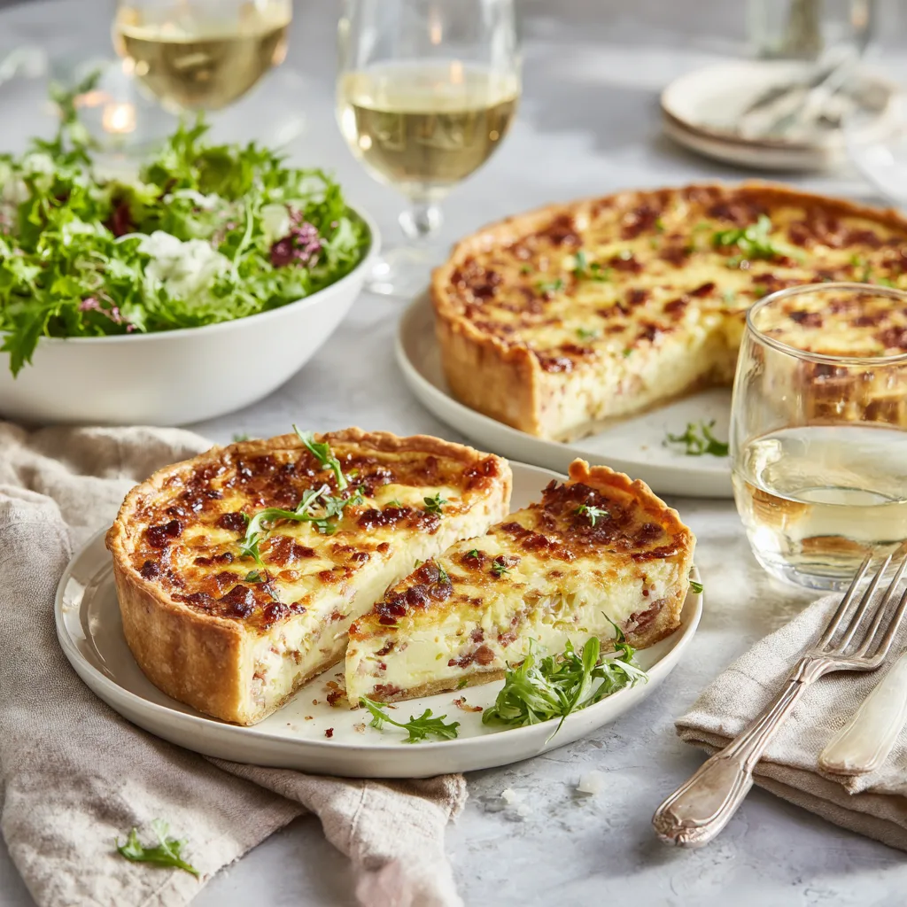 Quiche Lorraine servie table avec salade verte et vin blanc