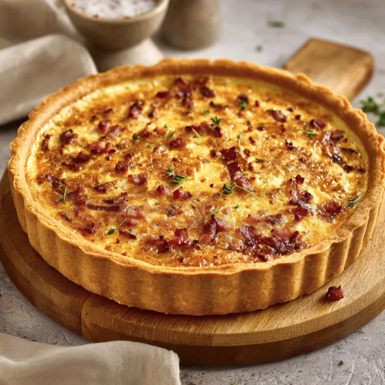 Quiche Lorraine traditionnelle vue de dessus dorée avec lardons fumés