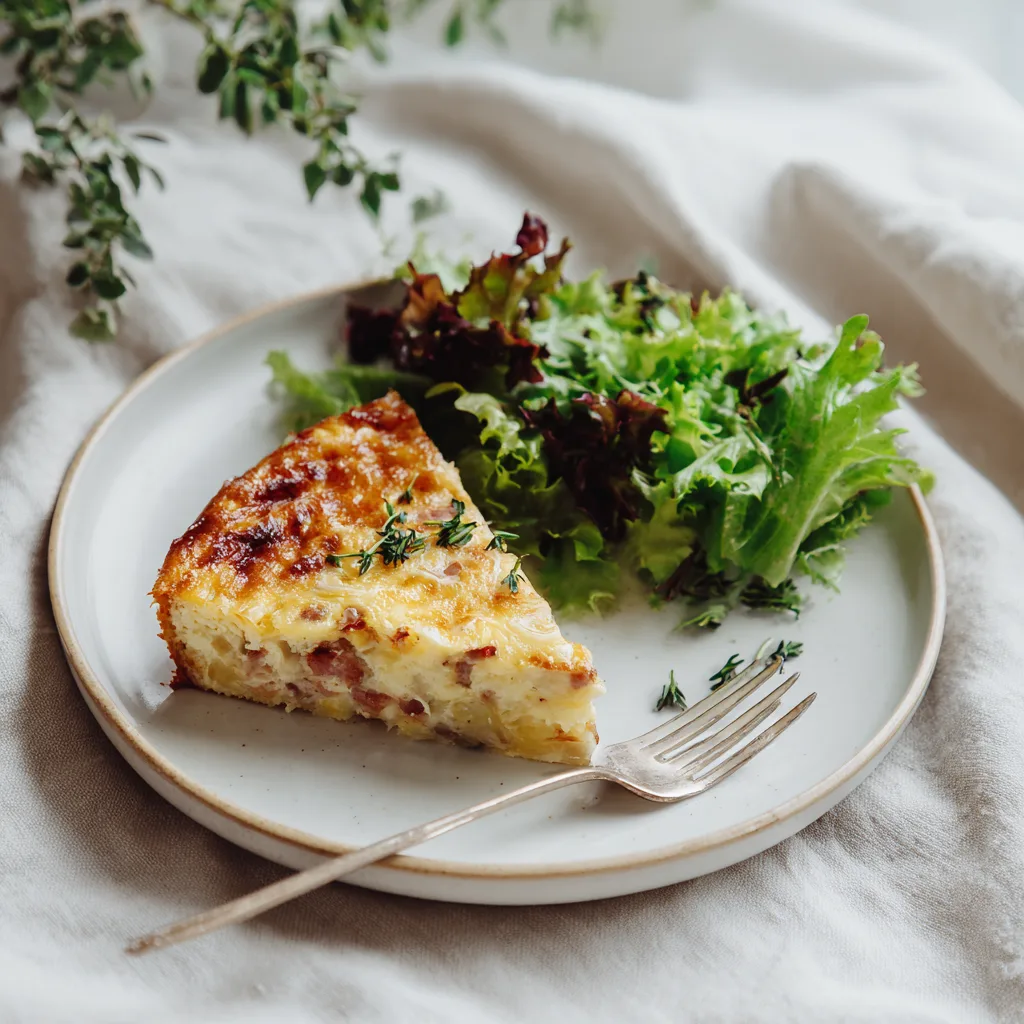 Part de quiche sans pâte aux poireaux et bacon servie avec salade verte sur assiette blanche