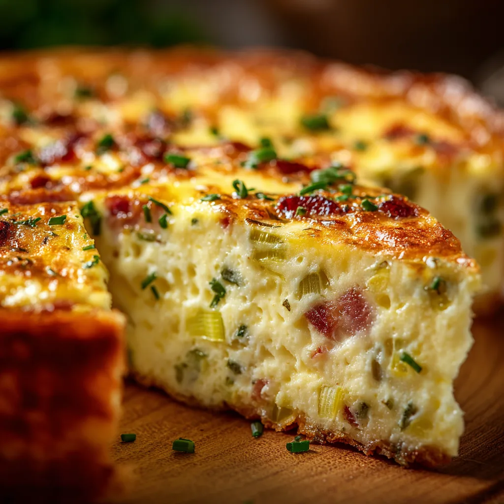 Gros plan d'une tranche de quiche sans pâte aux poireaux et bacon montrant la texture crémeuse