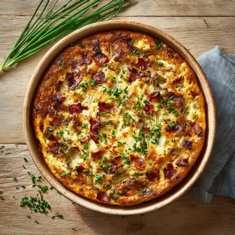 Quiche sans pâte aux poireaux et bacon vue du dessus avec surface dorée et garniture visible