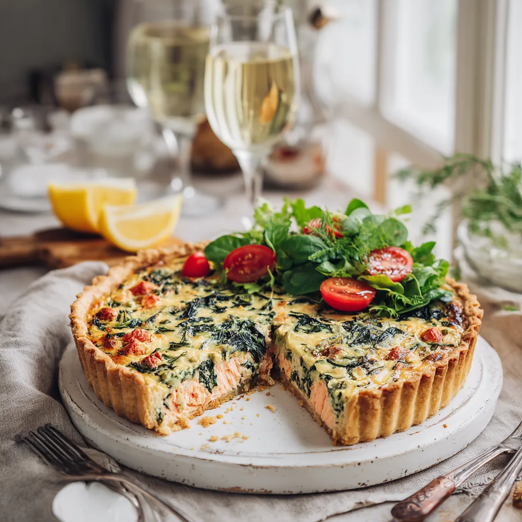 Quiche saumon épinards servie avec salade verte sur une table élégante