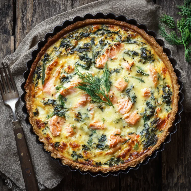 Quiche saumon épinards dorée vue de dessus avec fromage fondu et herbes fraîches