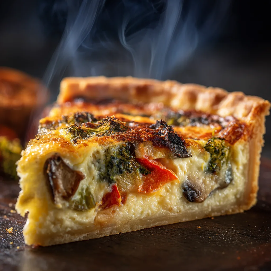 Gros plan d'une part de quiche végétarienne facile montrant la texture crémeuse