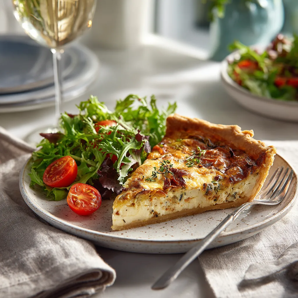 Quiche végétarienne facile servie avec salade verte sur assiette élégante