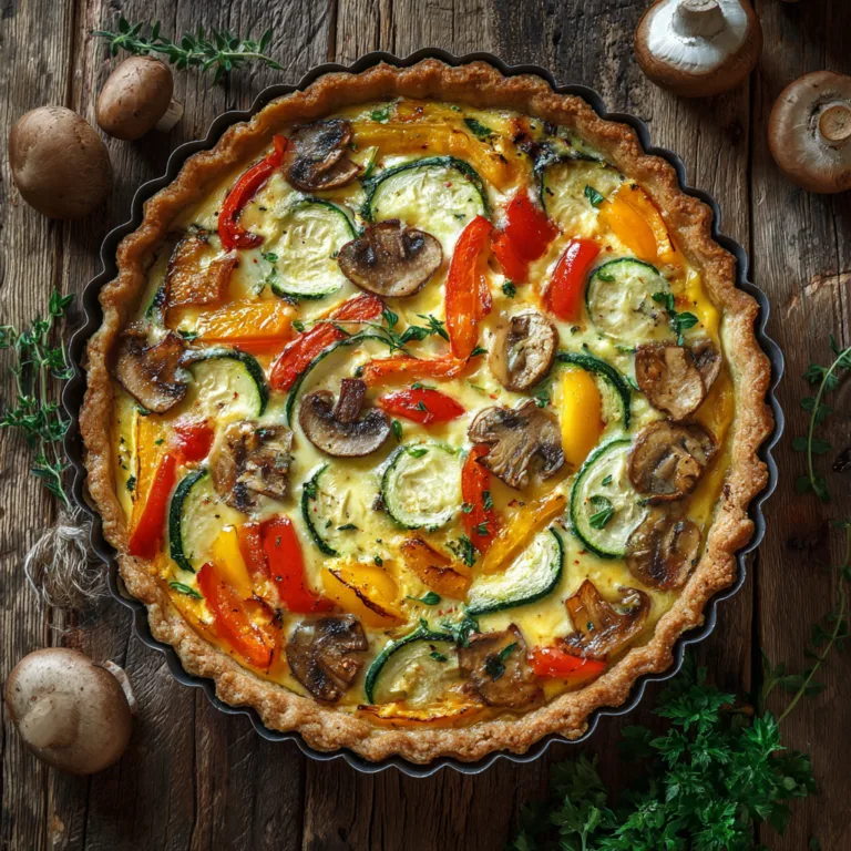Quiche végétarienne facile vue du dessus avec légumes colorés et fromage fondu