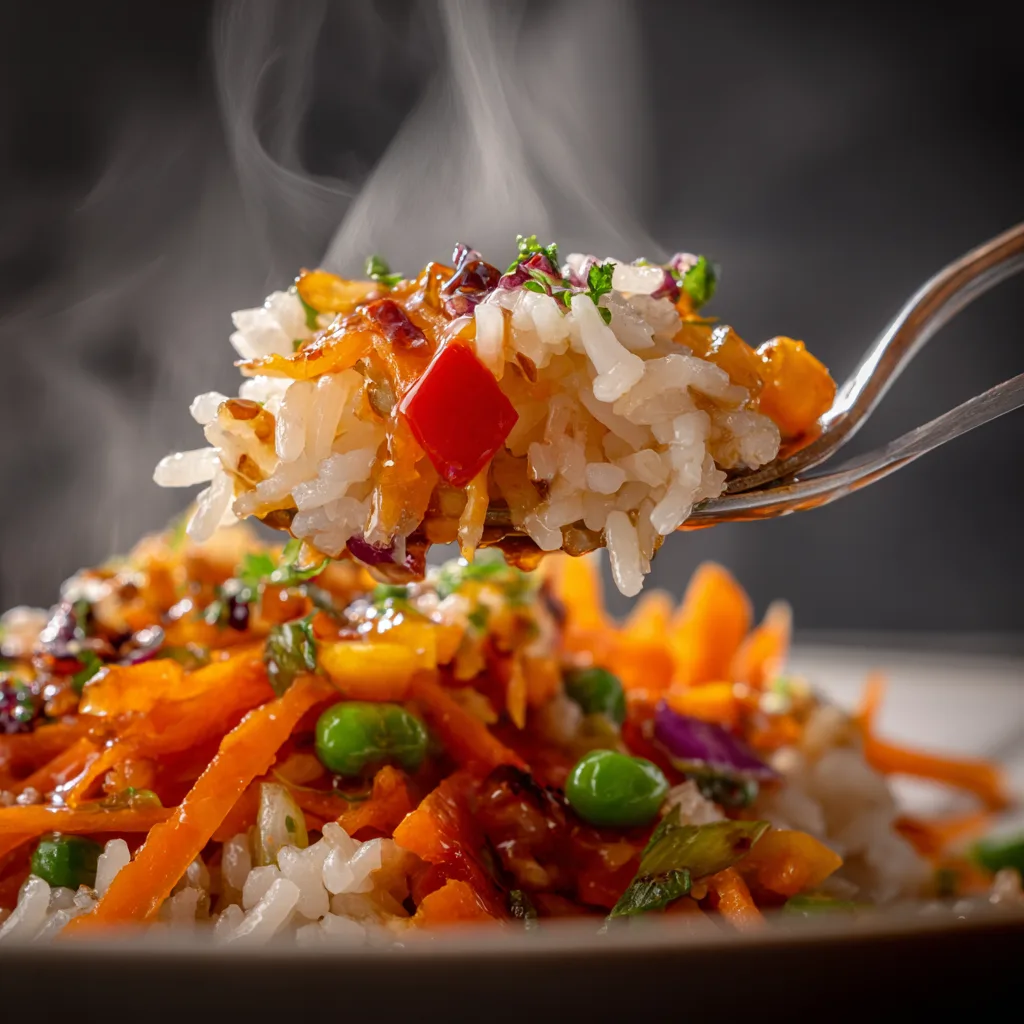 Gros plan de riz sauté aux légumes montrant la texture des grains et des légumes croquants