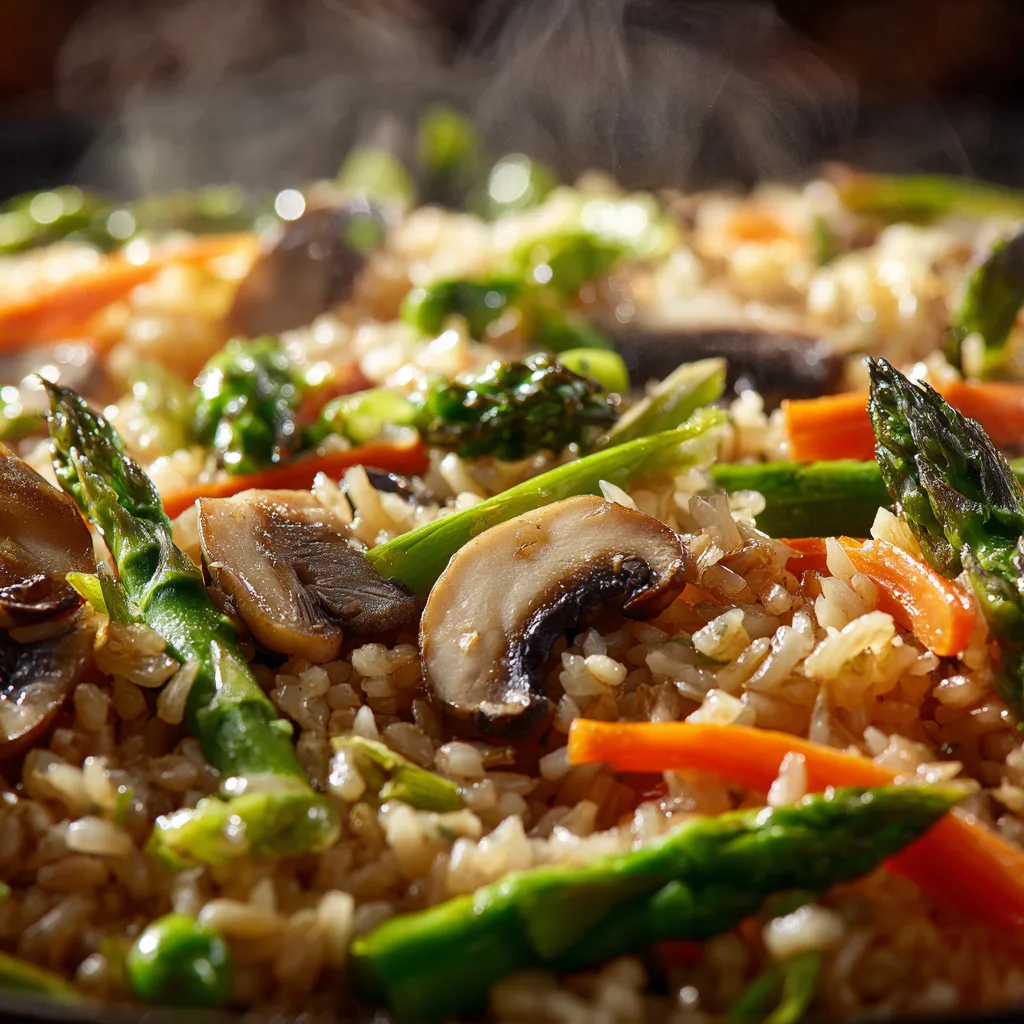 Gros plan texture riz sauté aux légumes de mars asperges carottes sauce soja