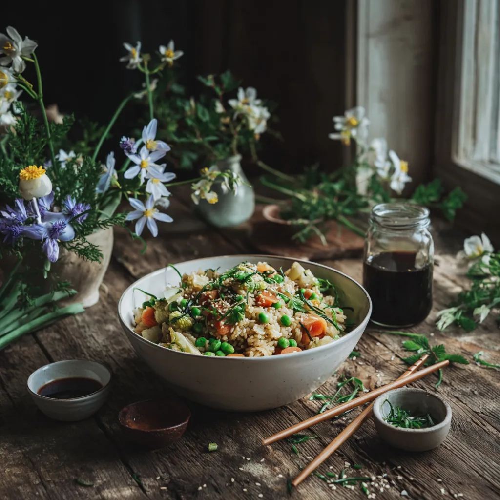 Riz sauté aux légumes mars présentation stylisée bol blanc baguettes table rustique