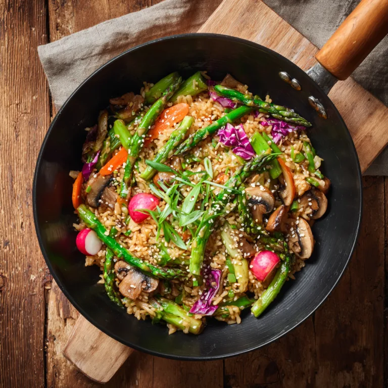 Riz sauté aux légumes de mars vue du dessus avec asperges carottes champignons dans wok noir