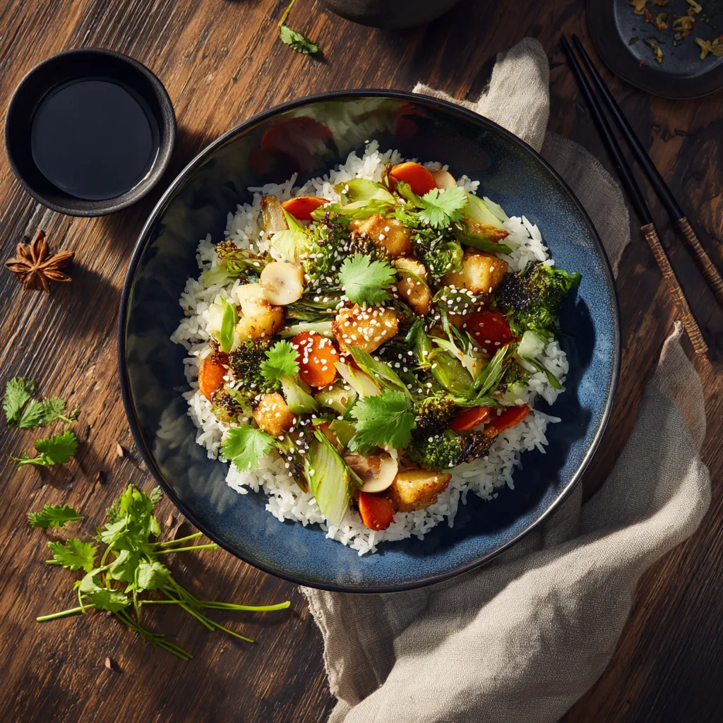 Plat de riz sauté aux légumes élégamment présenté avec baguettes et garniture de sésame
