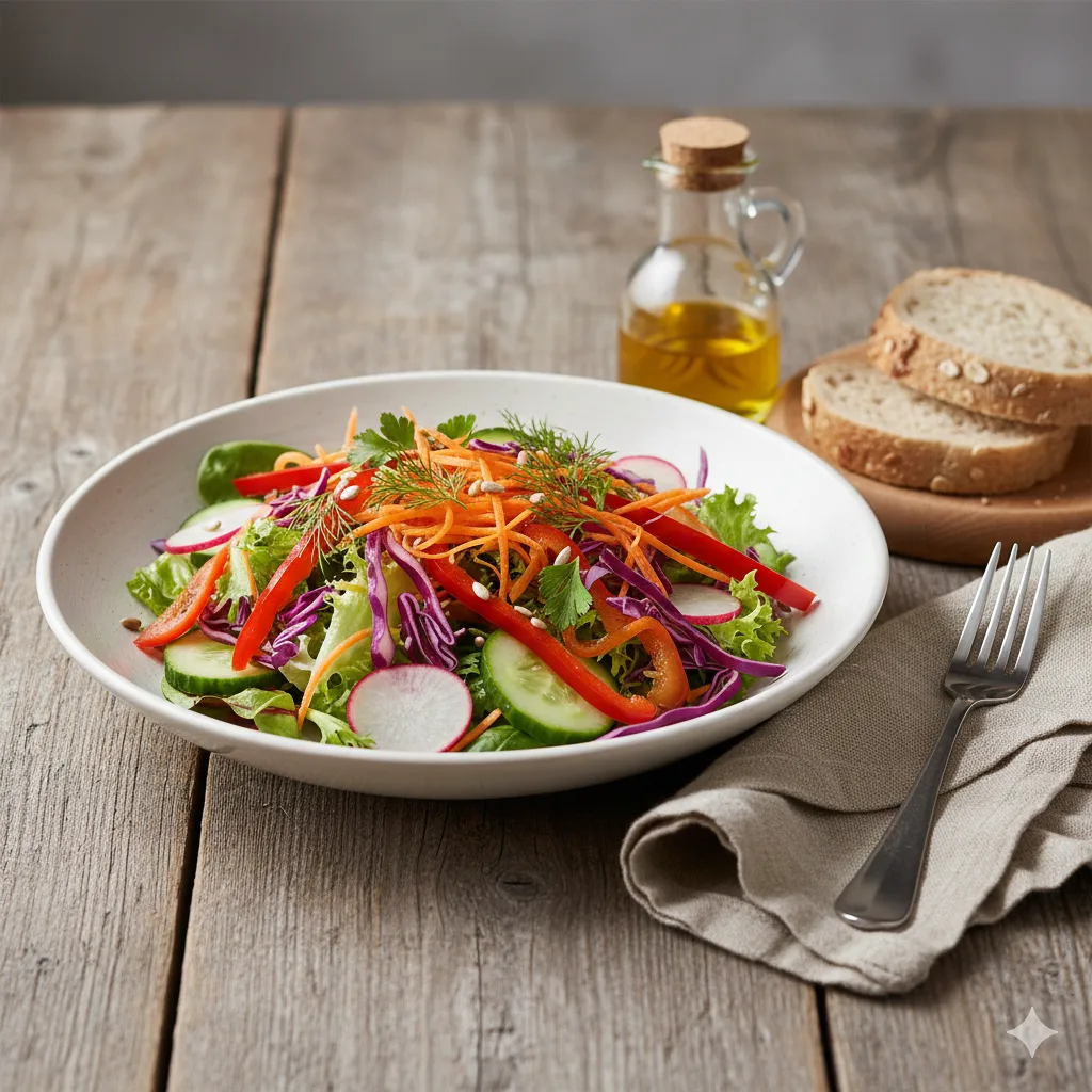 Salade croquante de légumes servie assiette déjeuner léger sain accompagnements